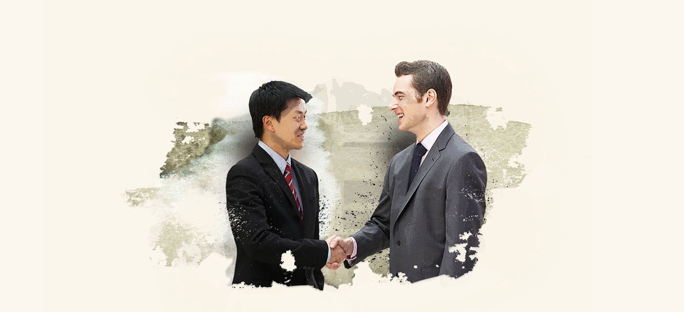 Two businessmen shaking hands, watercolour illustration
